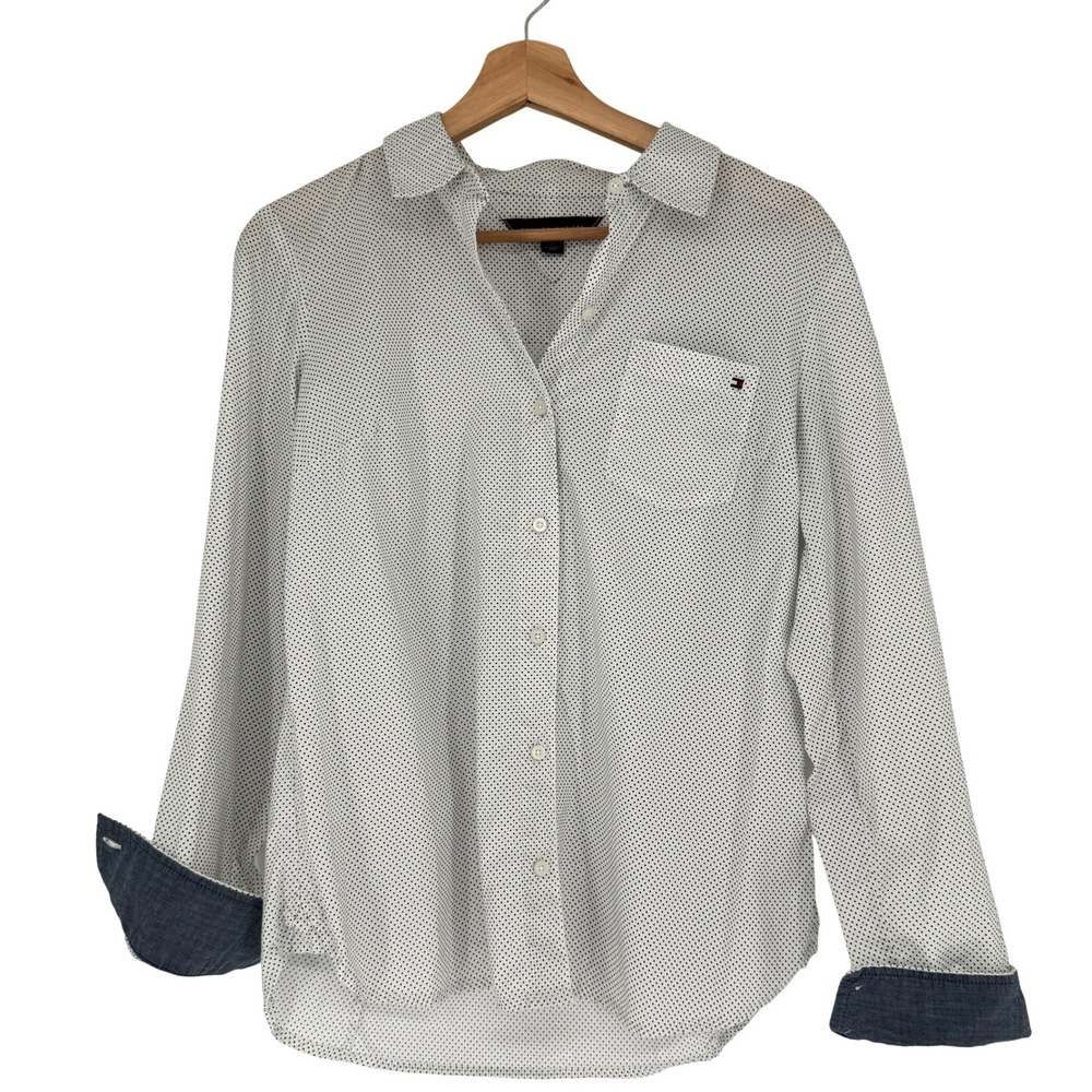 Tommy Hilfiger Button Up Shirt Womens S White Polka Dot Preppy Minimalist Basic